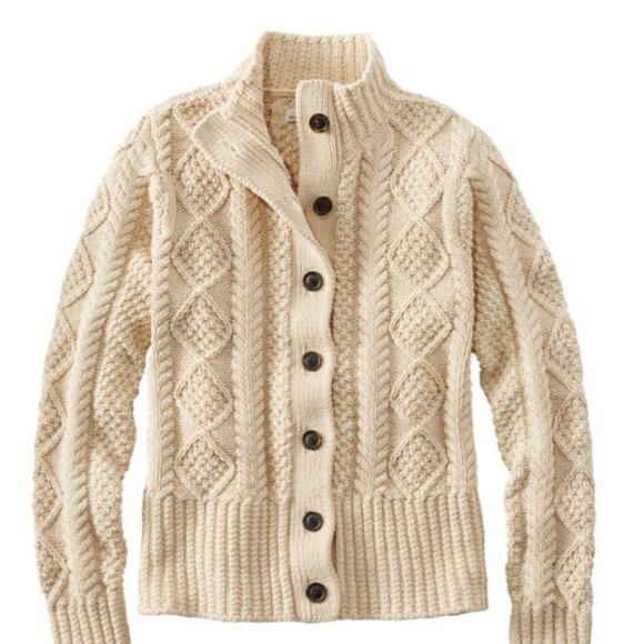 L.L. Bean Signature Cotton Fisherman Sweater Short Cardigan Beige Women Reg (S) - Picture 1 of 8
